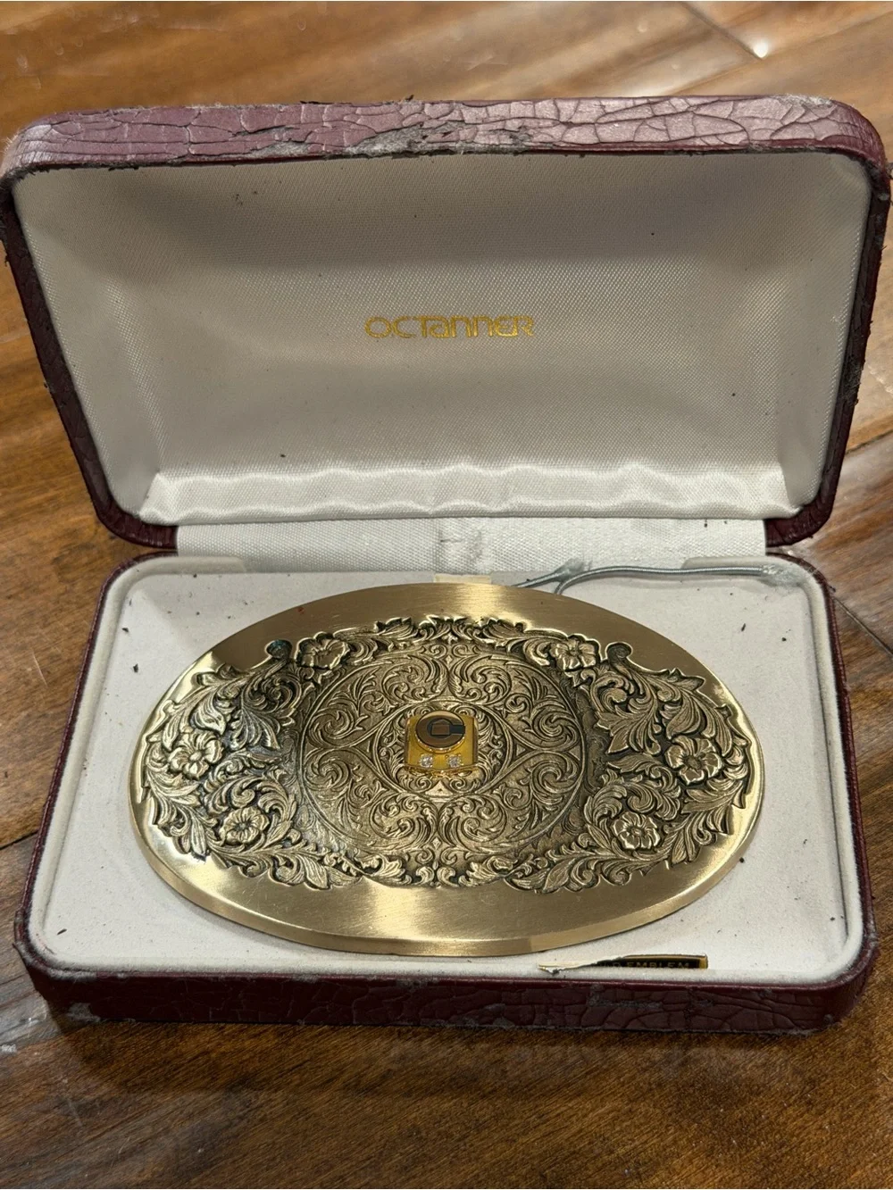 Vintage 1981 OC Tanner Solid Brass Award Belt Buckle 2 SMALL DIAMONDS OR STONES